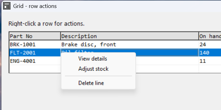 A stock grid with the FLT-2001 row highlighted and a context menu showing View details / Adjust stock / Delete line.