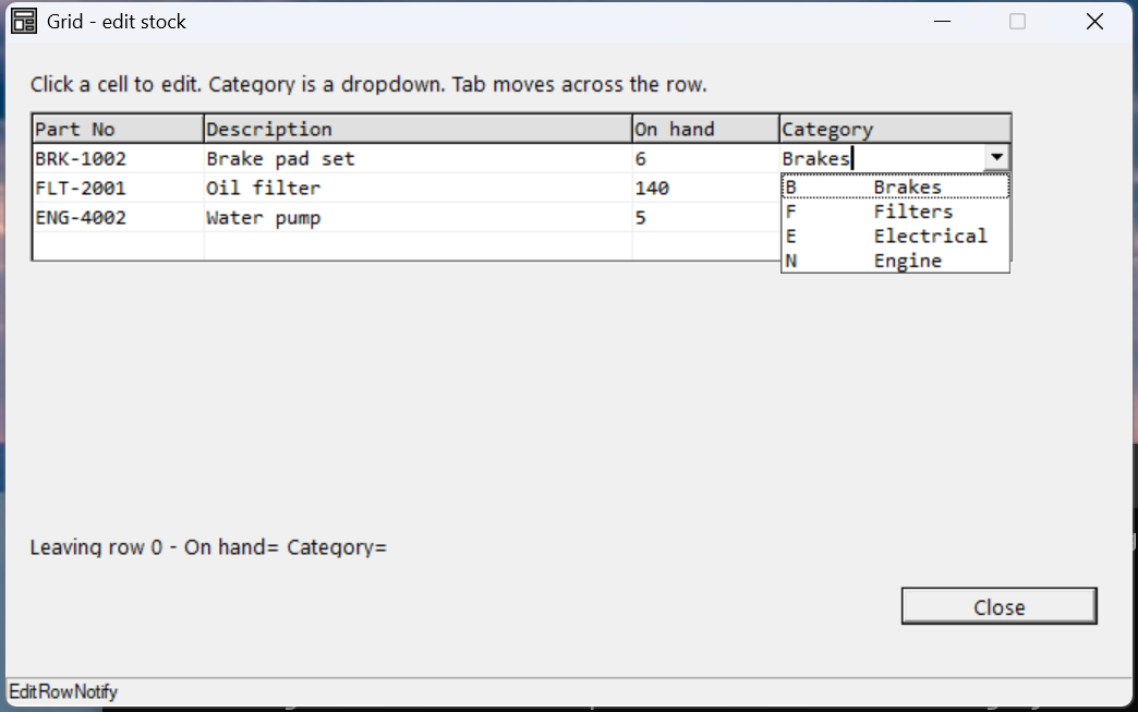 An editable stock grid; the Category cell of the BRK-1002 row is open as a dropdown listing Brakes / Filters / Electrical / Engine with tag letters.