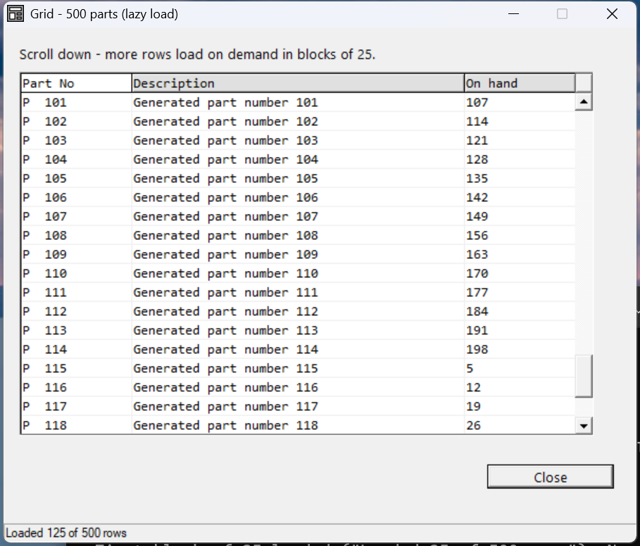 A grid scrolled to rows 101-118 of generated parts, with the status bar reading 'Loaded 125 of 500 rows'.