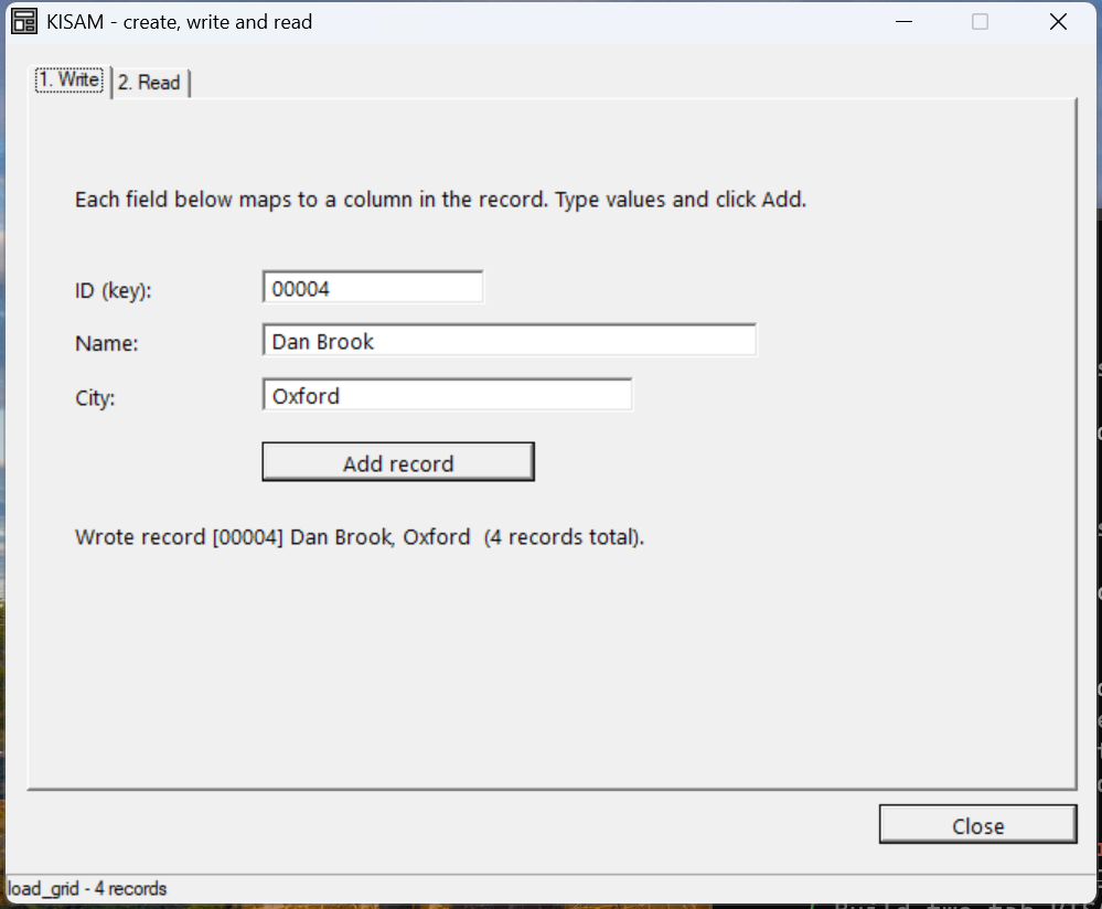 The Write tab: ID, Name and City input fields mapping to record columns, an Add record button, and a status line reading 'Wrote record [00004] Dan Brook, Oxford (4 records total)'.