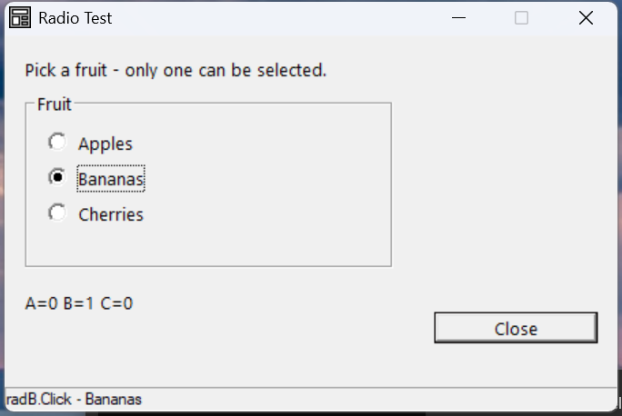 A 'Fruit' group box with Apples / Bananas / Cherries; Bananas selected, readout A=0 B=1 C=0.