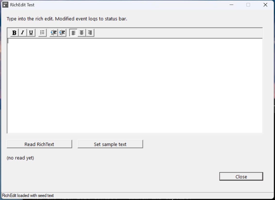 A rich edit control showing its formatting toolbar (B / I / U, bullets, indent, alignment) above a large editing area.