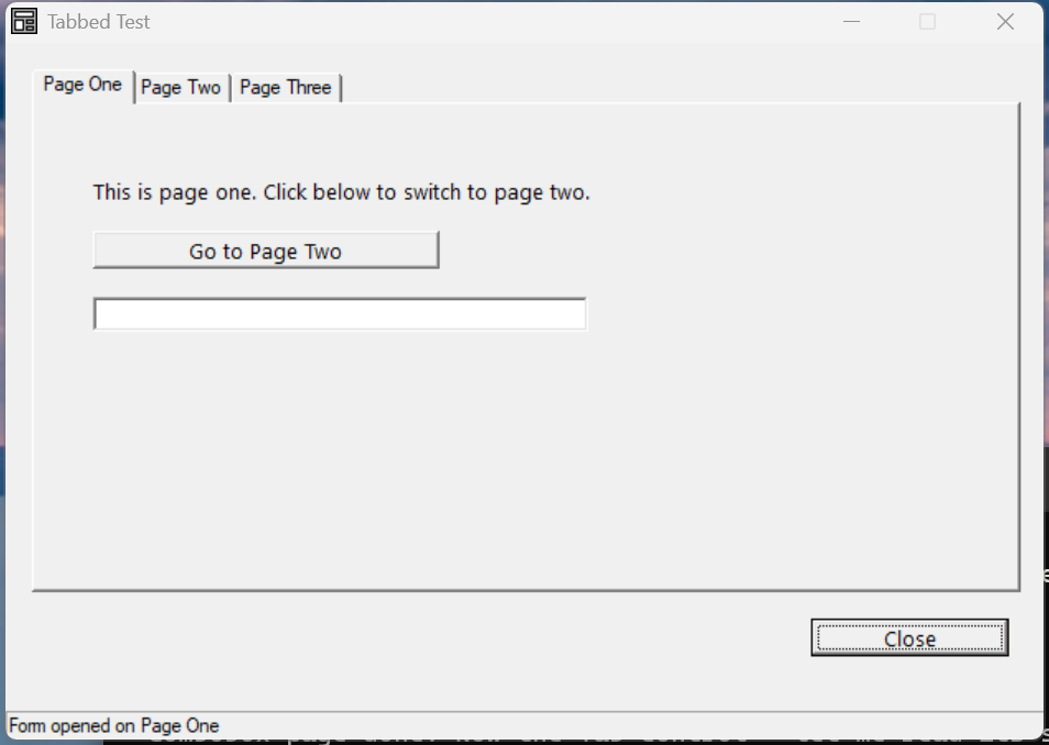 A tabbed form with Page One / Page Two / Page Three; Page One shows a label, a 'Go to Page Two' button and an edit field.