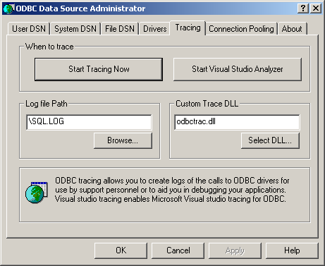 Trace tab in ODBC administrator