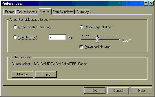 Cache settings dialog